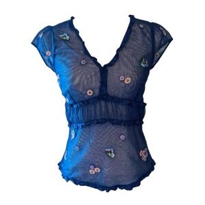 Joie Mesh Top Women's Size Medium Dark Blue‎ Embroidered Floral Short Sleeve MWT